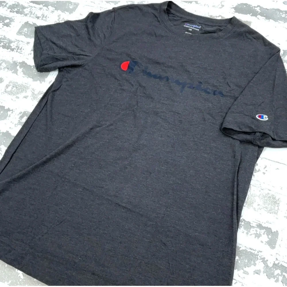 Champion Shirt Men Large Gray Blue Tee Spell Out Logo Basic Plain Adult Top - Picture 2 of 7